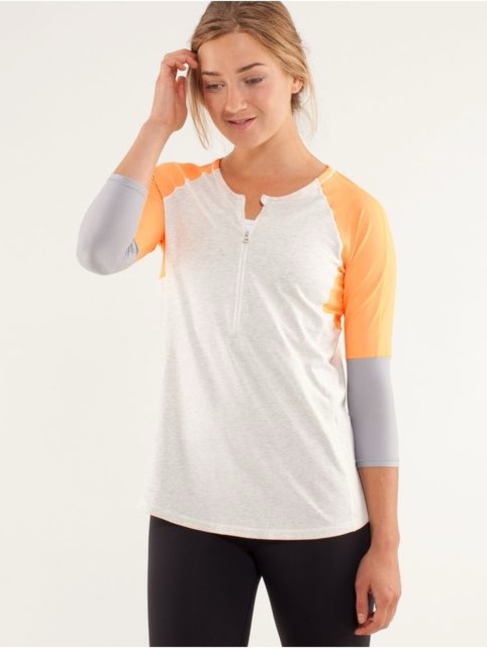 Lululemon Spin City Long Sleeve in Heathered Polar Cream/ Creamcicle Pop